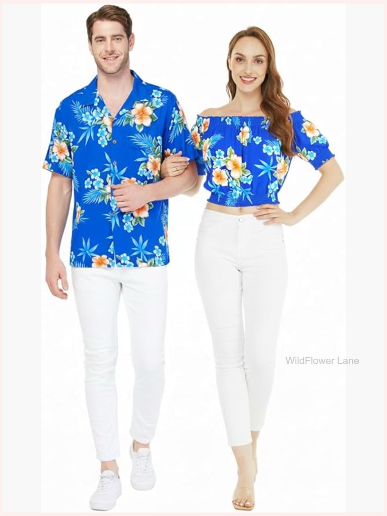 Hawaiian Luau Shirt And Off-Shoulder Smock Top Set